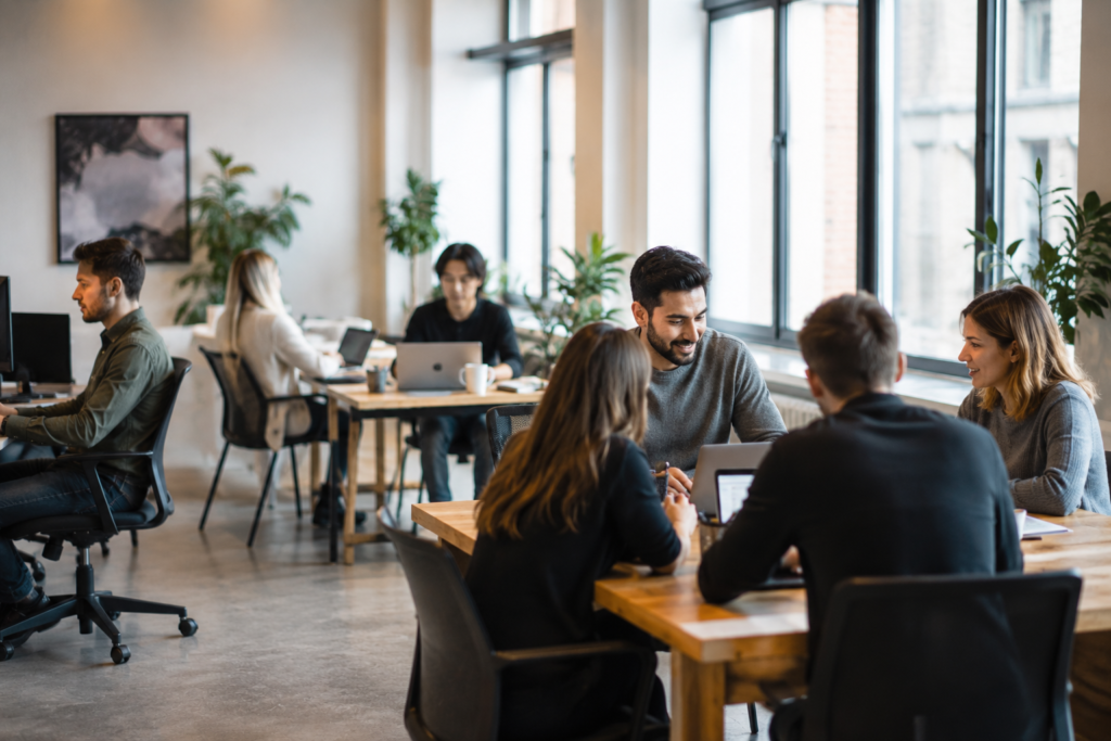 Modern open office with team members working and collaborating