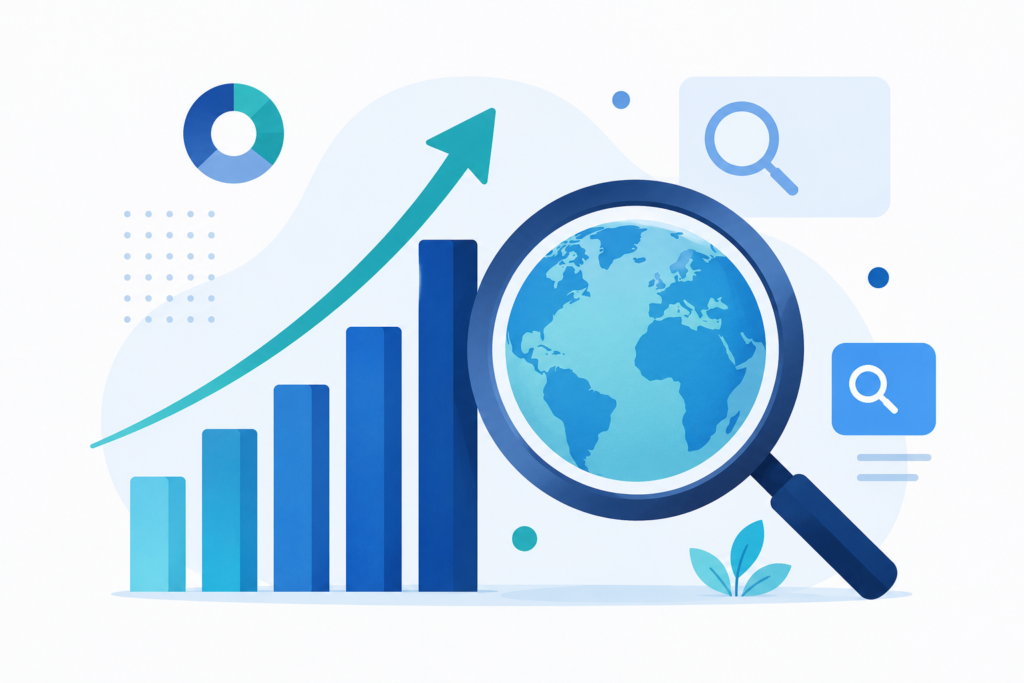 SEO and search growth illustration with rising bar chart and magnifying glass over a globe