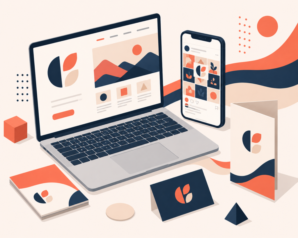 Brand identity mockup across laptop, phone, business cards, and brochure with matching logo and colors